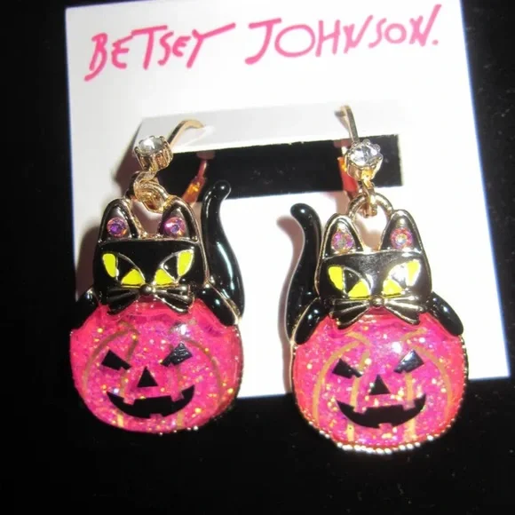 New Betsey Johnson Faux Stone Cat Pumpkin Drop Earrings - Picture 7 of 8